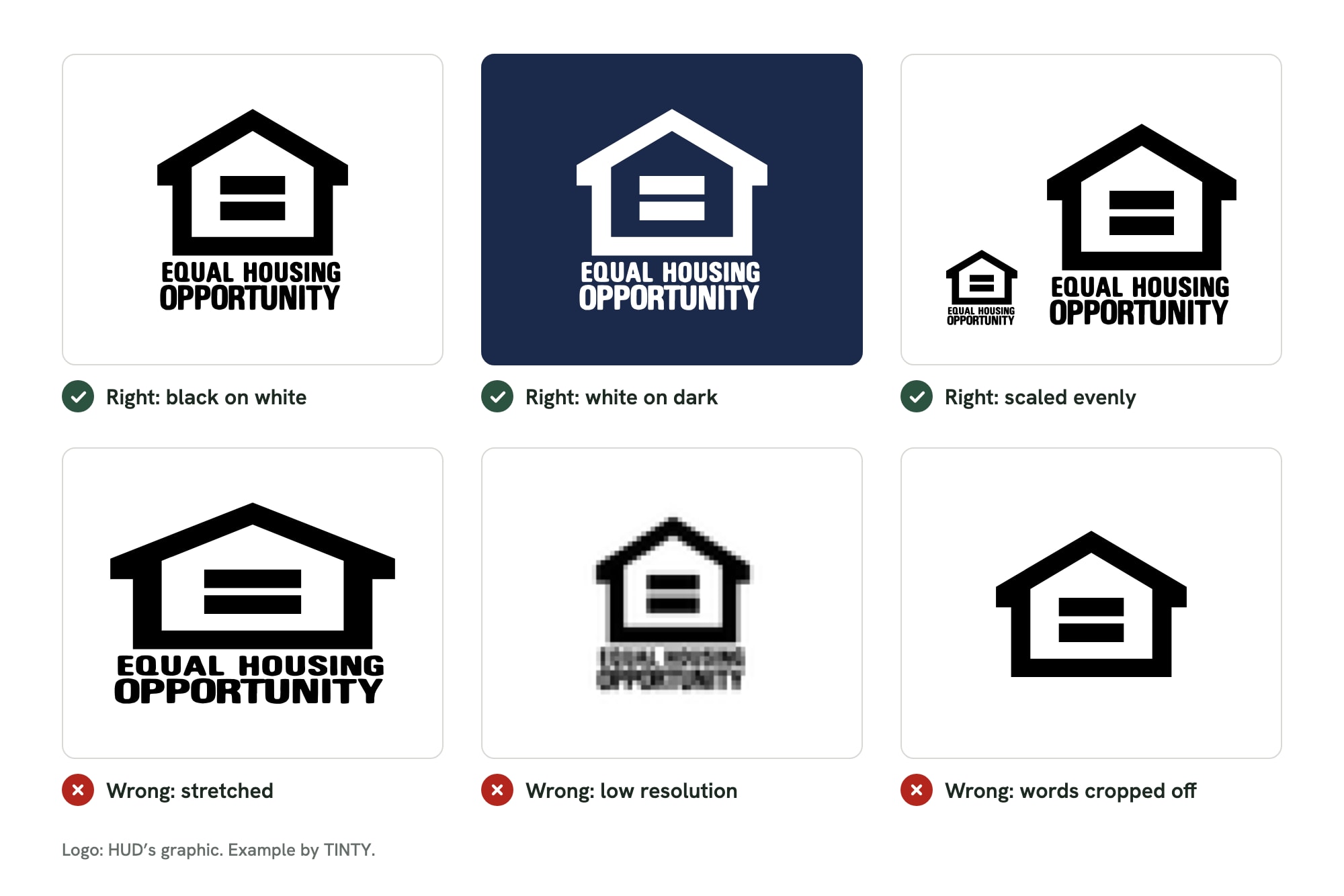 Right and wrong ways to use the Equal Housing Opportunity logo: three correct versions and three mistakes