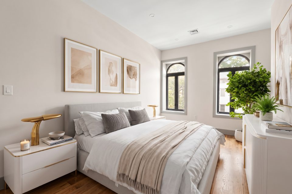 Bedroom virtually staged by TINTY in Contemporary style with sand accents, with arched windows