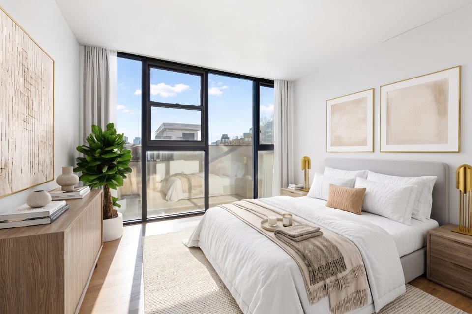 Bedroom virtually staged by TINTY in Contemporary style with sand accents, with floor-to-ceiling windows
