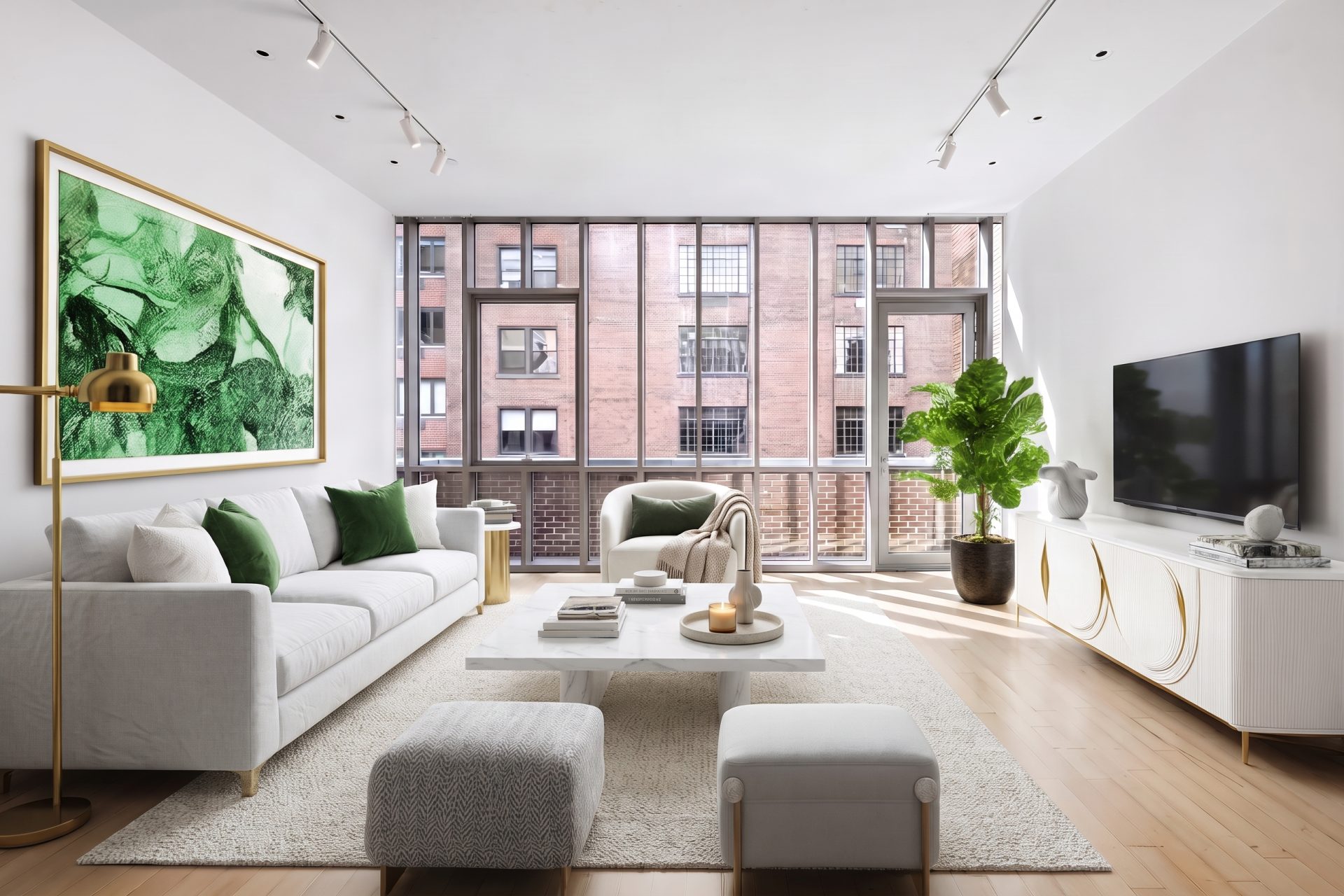 Living room virtually staged by TINTY in Contemporary style with green accents