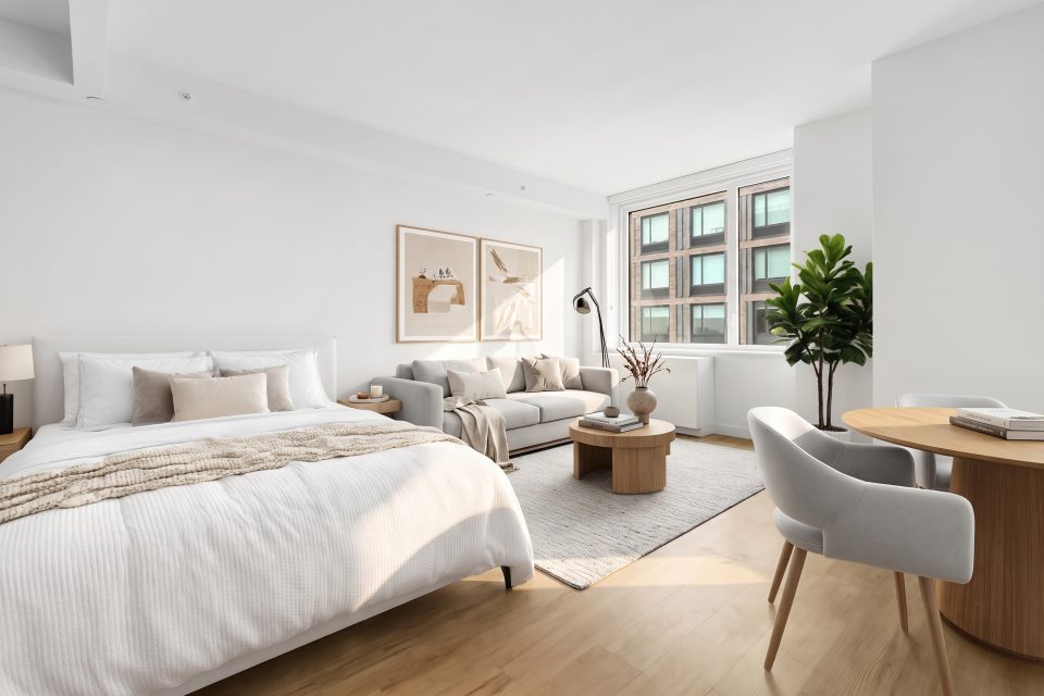 Studio apartment virtually staged by TINTY in Scandinavian style with sand accents