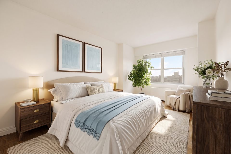 Bedroom virtually staged by TINTY in Transitional style with blue accents, with parquet floors