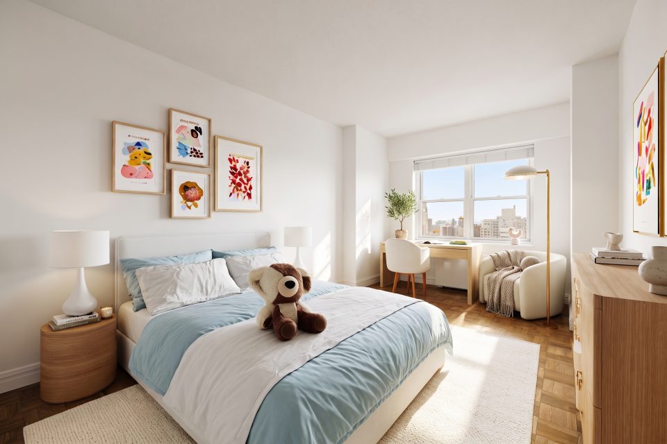 Kids room virtually staged by TINTY in Japandi style with blue accents